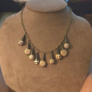 Vintage‎ Bedizen Necklace Bronze Tone Chain Stone Bead Dangle Necklace Choker St